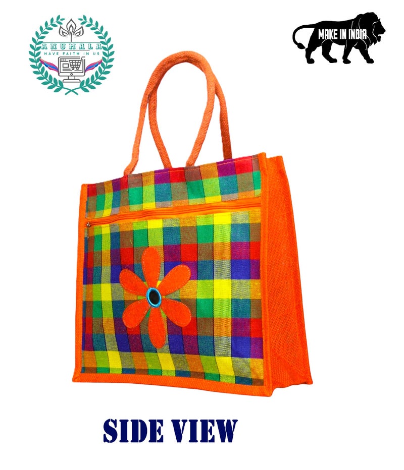 Anumala® Multicolor Jute & Canvas Checked Embroidery Tote Bags With Two Pockets | Zipper closure|Perfect for Office,Return Gifts, & DailyUse|13x5x15inches. (Pack Of 4) - Image 5