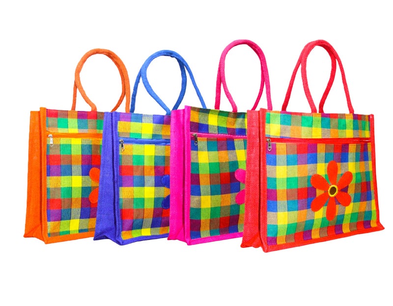 Anumala® Multicolor Jute & Canvas Checked Embroidery Tote Bags With Two Pockets | Zipper closure|Perfect for Office,Return Gifts, & DailyUse|13x5x15inches. (Pack Of 4) - Image 1