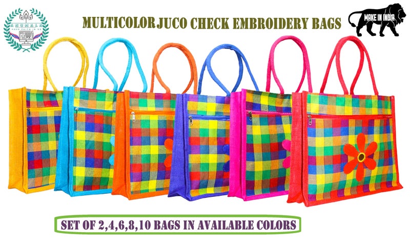 Anumala® Multicolor Jute & Canvas Checked Embroidery Tote Bags With Two Pockets | Zipper closure|Perfect for Office,Return Gifts, & DailyUse|13x5x15inches. (Pack Of 4) - Image 3