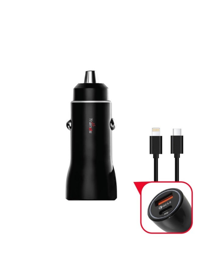 Trands Dual Port Type-C Lightning Car Charger 1 Meter Black 