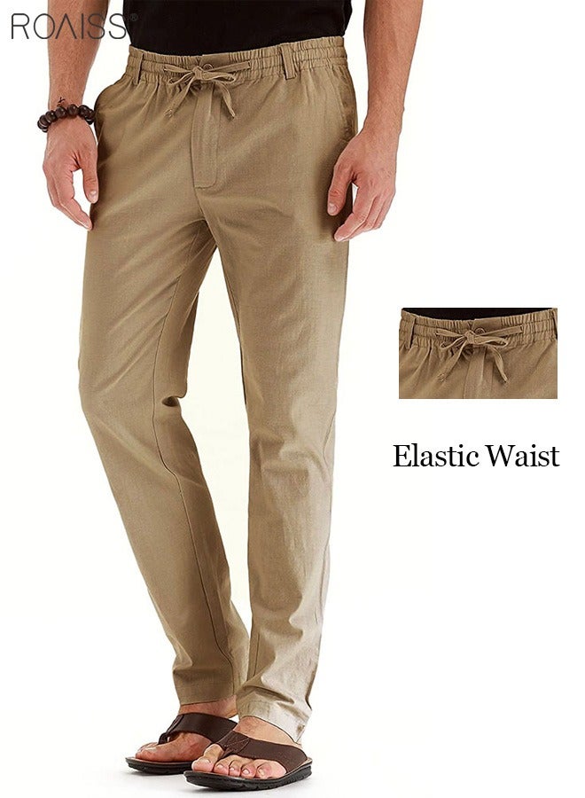 roaiss Men's Casual Solid Color Pants Cotton Versatile Business Trousers Mens Soft Comfortable Mid-Rise Straight Long Pants Loose Lace-Up Drawstring Waist Elastic Design Khaki  - Image 4