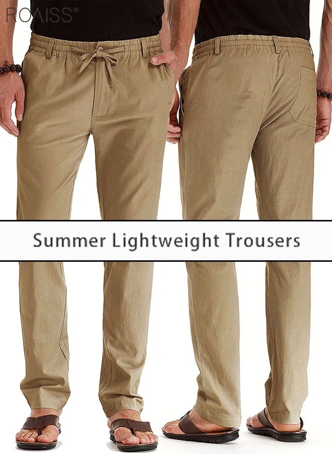 roaiss Men's Casual Solid Color Pants Cotton Versatile Business Trousers Mens Soft Comfortable Mid-Rise Straight Long Pants Loose Lace-Up Drawstring Waist Elastic Design Khaki  - Image 1