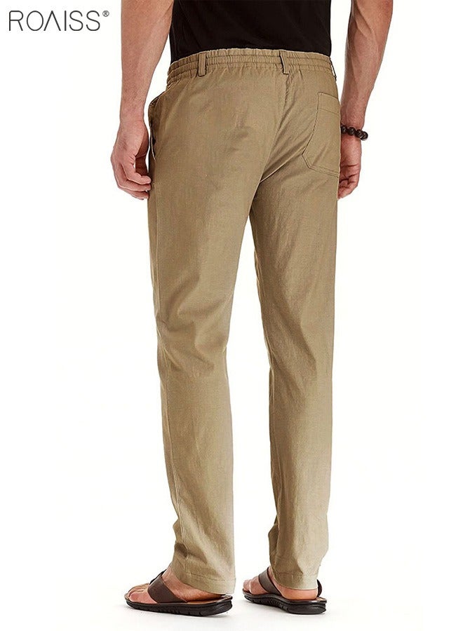 roaiss Men's Casual Solid Color Pants Cotton Versatile Business Trousers Mens Soft Comfortable Mid-Rise Straight Long Pants Loose Lace-Up Drawstring Waist Elastic Design Khaki  - Image 3