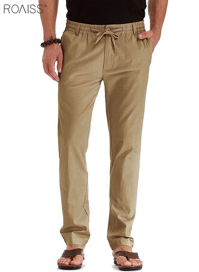 roaiss Men's Casual Solid Color Pants Cotton Versatile Business Trousers Mens Soft Comfortable Mid-Rise Straight Long Pants Loose Lace-Up Drawstring Waist Elastic Design Khaki  - Image 2