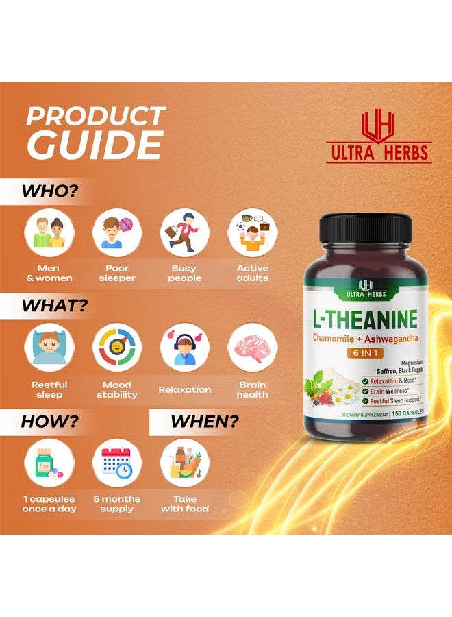 ULTRA HERBS مكمل L-Theanine - 6 في 1 مركب غني بالمغنيسيوم، الأشواغاندا، الزعفران، البابونج - يدعم الاسترخاء، الهدوء وجودة النوم | 150 كبسولة - Image 5