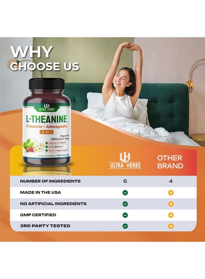 ULTRA HERBS مكمل L-Theanine - 6 في 1 مركب غني بالمغنيسيوم، الأشواغاندا، الزعفران، البابونج - يدعم الاسترخاء، الهدوء وجودة النوم | 150 كبسولة - Image 2