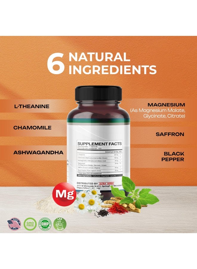 ULTRA HERBS مكمل L-Theanine - 6 في 1 مركب غني بالمغنيسيوم، الأشواغاندا، الزعفران، البابونج - يدعم الاسترخاء، الهدوء وجودة النوم | 150 كبسولة - Image 3