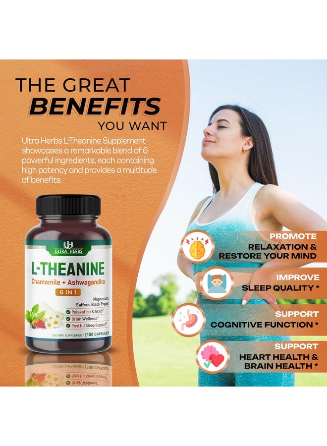 ULTRA HERBS مكمل L-Theanine - 6 في 1 مركب غني بالمغنيسيوم، الأشواغاندا، الزعفران، البابونج - يدعم الاسترخاء، الهدوء وجودة النوم | 150 كبسولة - Image 4