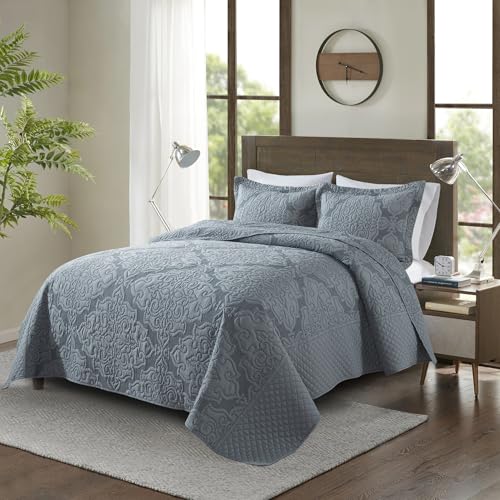 NEWLAKE Reversible Quilt Bedspread Embroidered Microfiber Coverlet Set,Jacquard Embossed Floral,Grey, King Size - Image 4