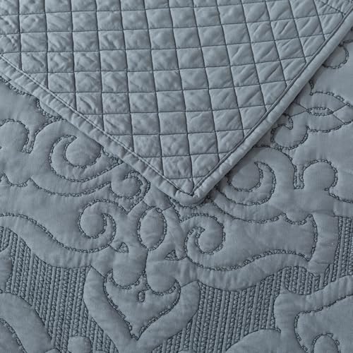 NEWLAKE Reversible Quilt Bedspread Embroidered Microfiber Coverlet Set,Jacquard Embossed Floral,Grey, King Size - Image 5