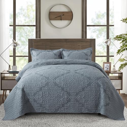 NEWLAKE Reversible Quilt Bedspread Embroidered Microfiber Coverlet Set,Jacquard Embossed Floral,Grey, King Size - Image 1