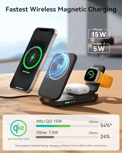 INIU 3 in 1 Wireless Charging Station, Qi2 Certified 15W Travel Charger for Apple Multiple Devices, Foldable Charger Stand for iPhone 17 16 15 14 13 12 Series Apple Watch AirPods (with Adapter) - Image 3