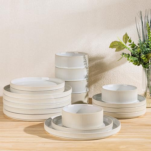 TheTerra Ceramic Dinnerware Sets for 6, 18 Pieces Porcelain Lightweight Plates and Bowls Sets, Scratch Resistant Dish Set, Oven & Microwave & Dishwasher Safe, Reactive White - Image 1