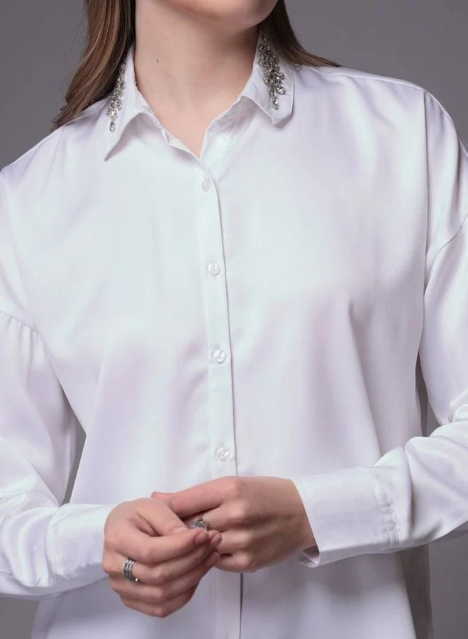 مرفوعة Women Regular Fit Embellishment Shirt Collar Long Sleeve Shirt
