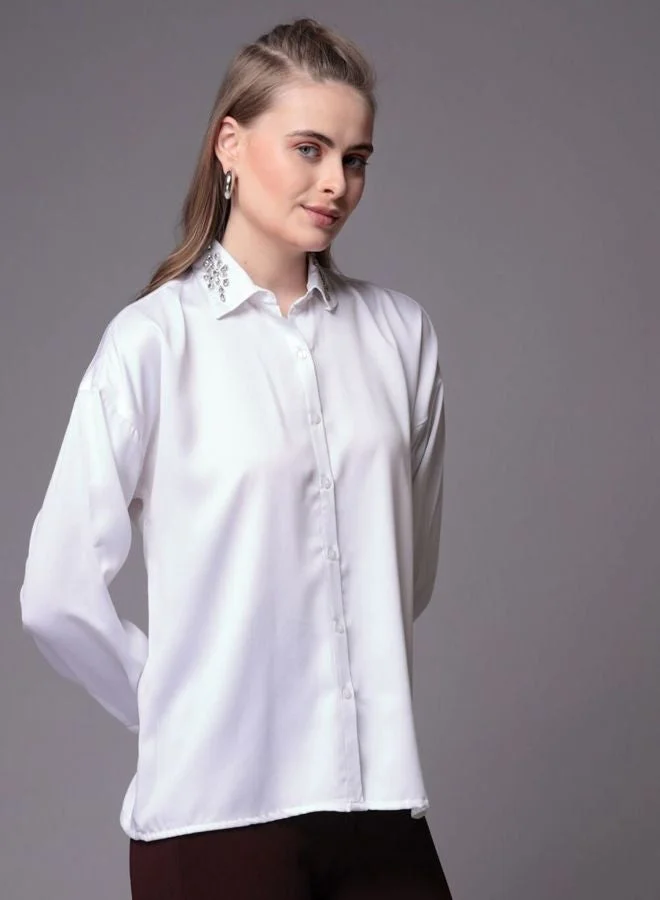 مرفوعة Women Regular Fit Embellishment Shirt Collar Long Sleeve Shirt
