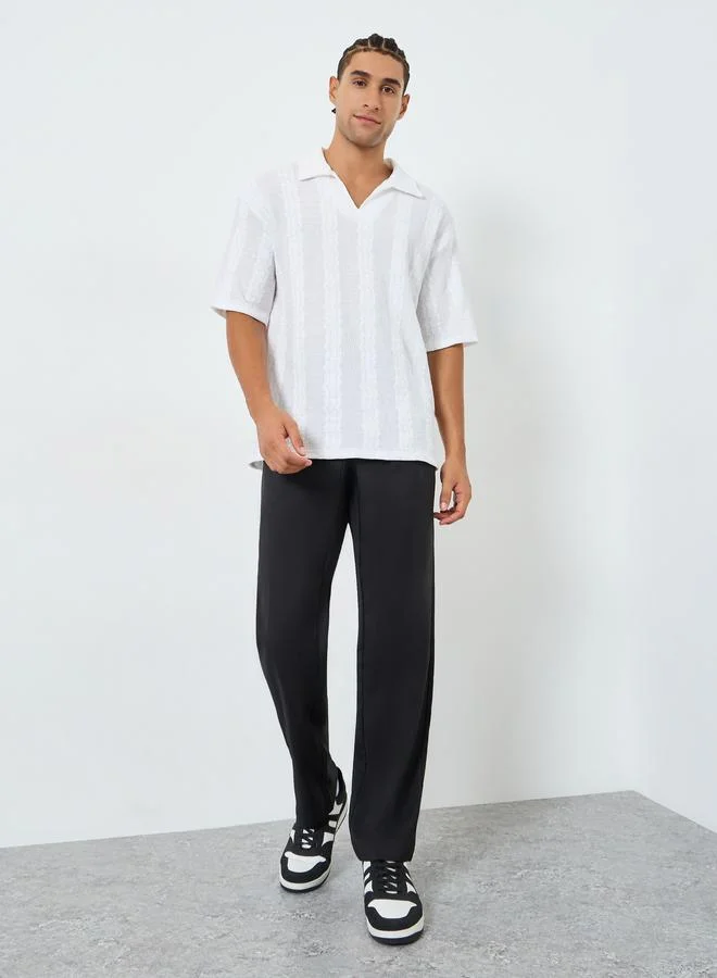 Styli Men Textured Woven Relaxed Polo with Open Collar