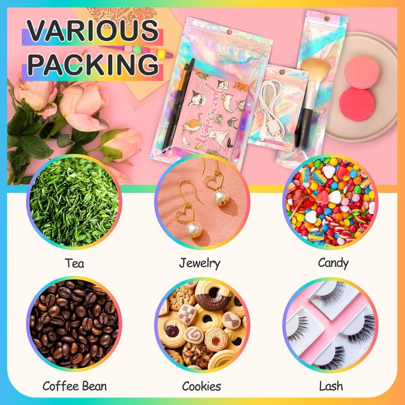 Funfery 100 Pack Smell Proof Holographic Bags Clear Resealable Bags,Mylar Foil Bag with Zipper,Seal Pouch Packaging Bag for Food Storage,Candy,Party Favor Sample Business Supplies(2.4x3.9in) - Image 5