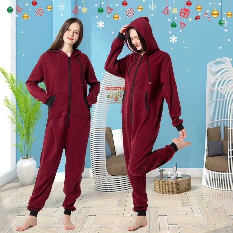 Laahoem Unisex Adult Pajamas Hooded Men Women Jumpsuit Zip Sportwear Dark Red Black Zipper L - Image 4