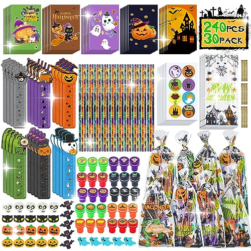 PaLeyFer 30 Pack Halloween Party Favors Stationery Set for Kids Classroom 240 piece Halloween Goodie Bags Fillers Bulk for Trick or Treat Gift with Pencil Eraser Notebooks Stamper Rulers Sticker - Image 1