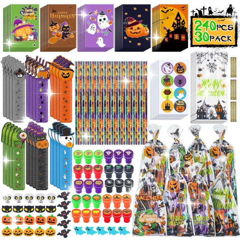 PaLeyFer 30 Pack Halloween Party Favors Stationery Set for Kids Classroom 240 piece Halloween Goodie Bags Fillers Bulk for Trick or Treat Gift with Pencil Eraser Notebooks Stamper Rulers Sticker - Image 3