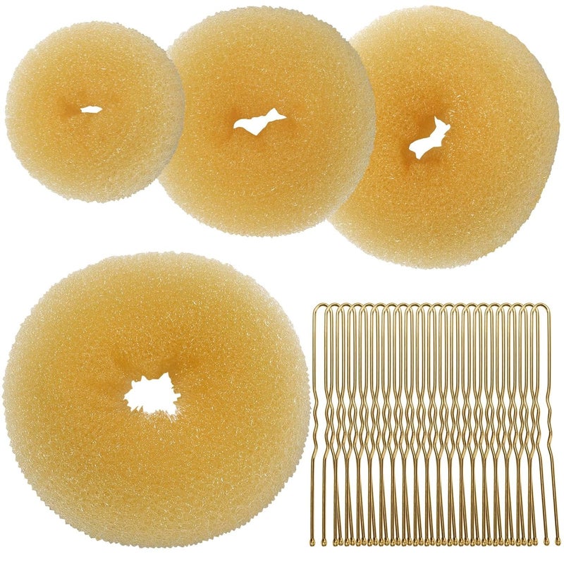 Teenitor 4pcs Hair Bun Shaper Set with Extralarge Large Medium Small Donut Hair Bun Maker 20pcs Large Bobby Pins Gold