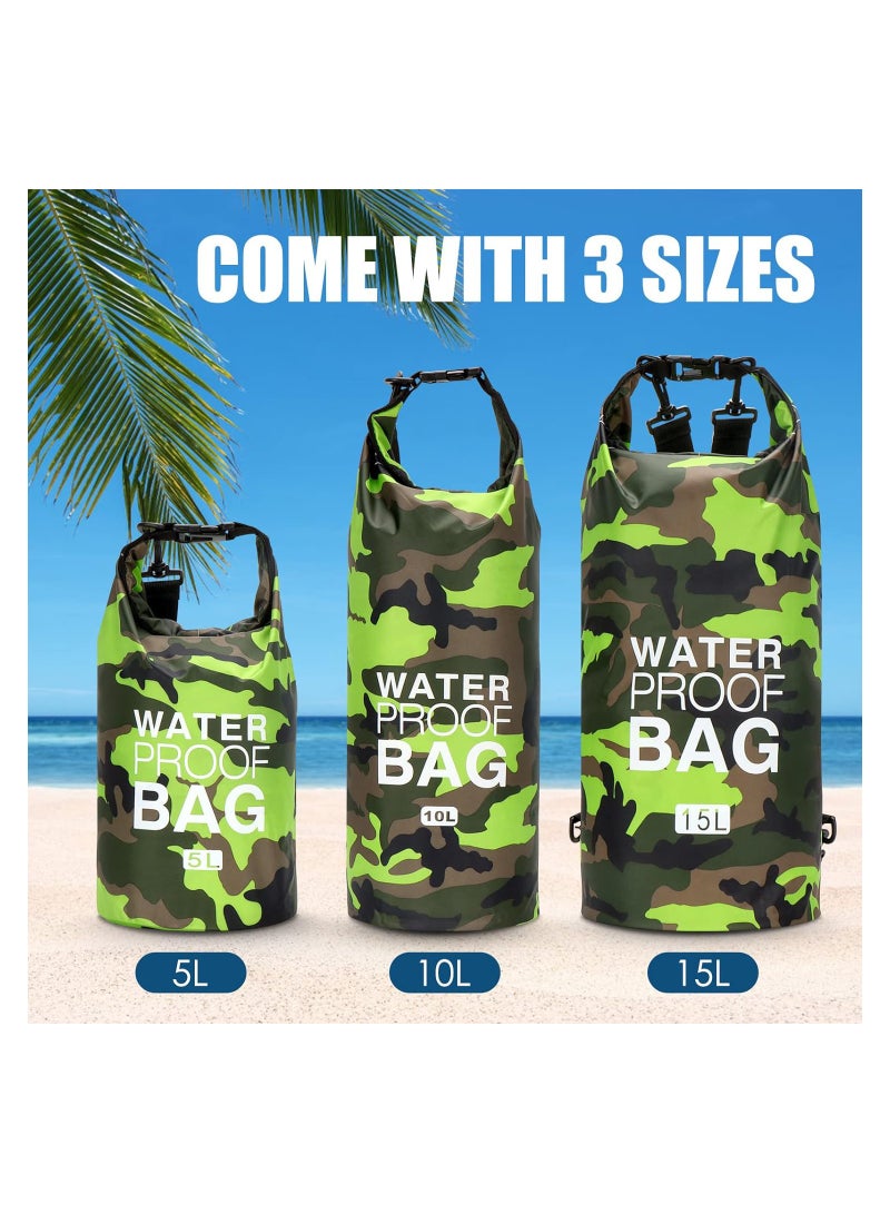 SOLARAE حقيبة جافة مقاومة للماء 3 عبوات بتصميم تمويهي مع غطاء قابل لللف خفيفة الوزن حزمة حقيبة ظهر للتجديف والتعويم والإبحار والسباحة والتجديف وصيد السمك والتخييم والشاطئ 5L&10L&15L - Image 4