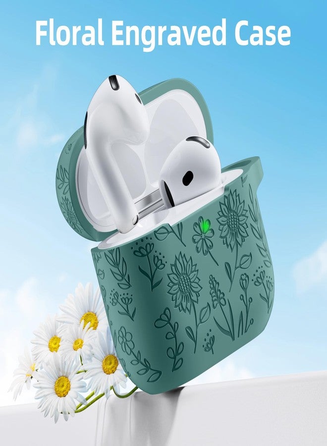 DAQIN for Airpods 4 Case, DaQin Flower Engraved Case Compatible with Apple Airpods 4th Generation Cases for Women, Cute Soft Silicone Full Protective Cases Cover with Cleaner Kit & Keychain, PineGreen - Image 2
