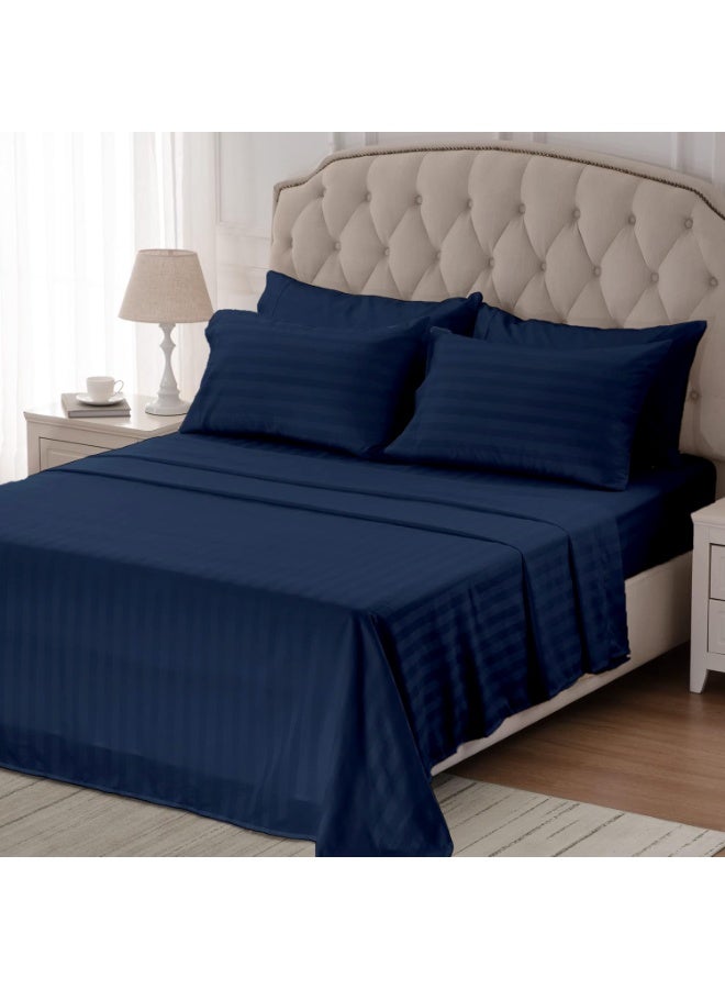 إي وورلد طقم فخم من أربع قطع لمفرش سرير سوبر كينغ مخطط باللون الأزرق الكحلي (شرشف مسطح 280×280 سم، شرشف مشدود 200×200+30 سم، غطاء وسادتين 50×75 سم) – ميكروفايبر فاخر، راحة على طراز الفنادق - Image 2