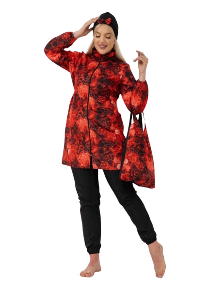مايوه بوركيني شرعي للمحجبات - أحمر مموج  - Image 1