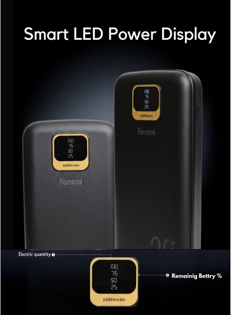 Fonemi 20000mAh Power Bank 22.5W Fast Charging, Built-in 4 Cables (Type-C, Lightning, Micro USB, USB), Digital LED Display, Smart Protection Chip, Dual Input & Multiple Output Portable Charger with Handle, Multi-Device Charging for Outdoor, Home & Office, Black - Image 4
