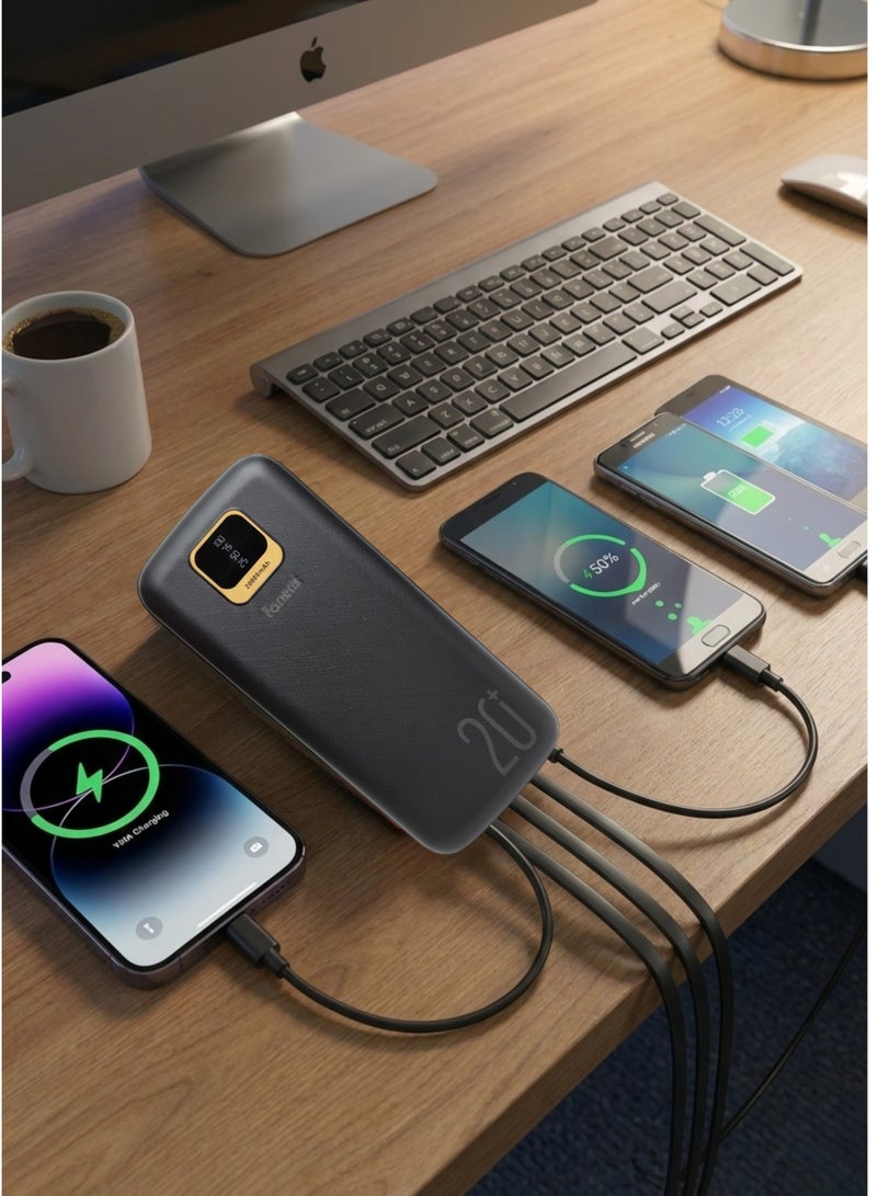 Fonemi 20000mAh Power Bank 22.5W Fast Charging, Built-in 4 Cables (Type-C, Lightning, Micro USB, USB), Digital LED Display, Smart Protection Chip, Dual Input & Multiple Output Portable Charger with Handle, Multi-Device Charging for Outdoor, Home & Office, Black - Image 3