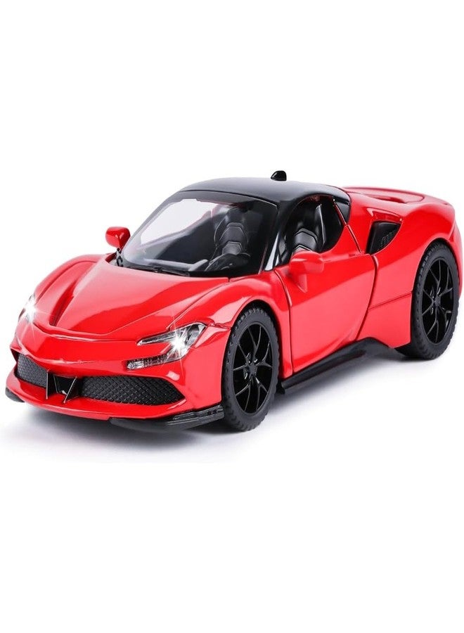 بلس بوينت سيارة لعبة PLUSPOINT SF90 STRADALE حمراء مصبوبة بسقف صلب، نموذج مصغر، تعمل بالسحب للخلف، مزودة بأبواب قابلة للفتح، مصنوعة من سبيكة معدنية، تحاكي سيارة خارقة مع أضواء وأصوات، مناسبة أيضًا للوحة القيادة في السيارة، للأطفال والكبار - Image 1