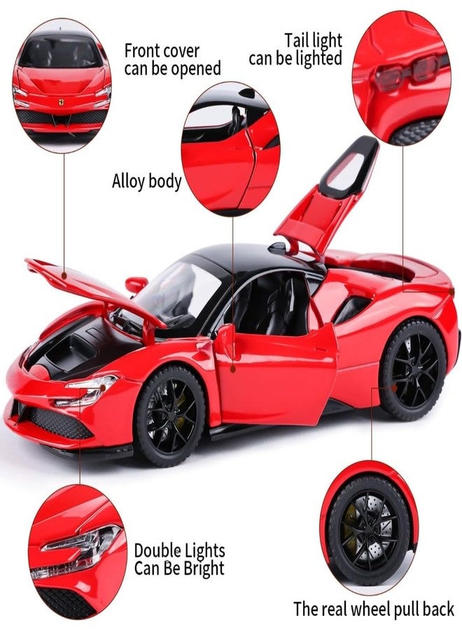 بلس بوينت سيارة لعبة PLUSPOINT SF90 STRADALE حمراء مصبوبة بسقف صلب، نموذج مصغر، تعمل بالسحب للخلف، مزودة بأبواب قابلة للفتح، مصنوعة من سبيكة معدنية، تحاكي سيارة خارقة مع أضواء وأصوات، مناسبة أيضًا للوحة القيادة في السيارة، للأطفال والكبار - Image 2