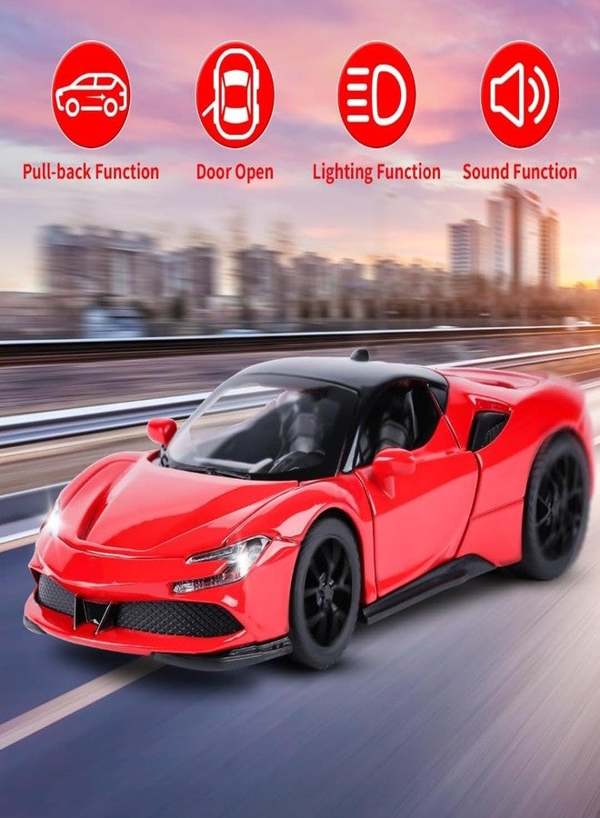 بلس بوينت سيارة لعبة PLUSPOINT SF90 STRADALE حمراء مصبوبة بسقف صلب، نموذج مصغر، تعمل بالسحب للخلف، مزودة بأبواب قابلة للفتح، مصنوعة من سبيكة معدنية، تحاكي سيارة خارقة مع أضواء وأصوات، مناسبة أيضًا للوحة القيادة في السيارة، للأطفال والكبار - Image 3