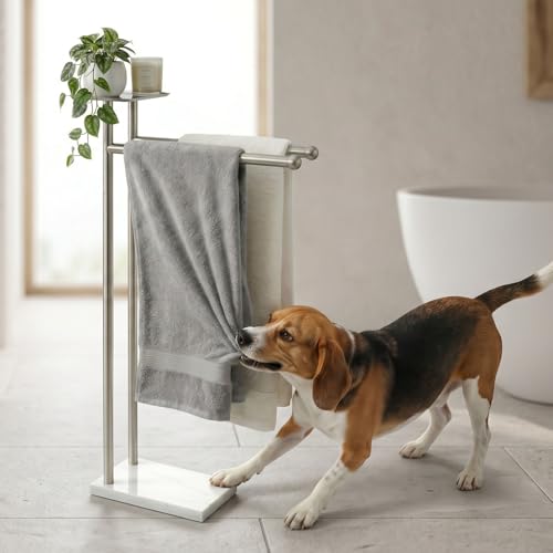 Songtec Towel Rack Stand for Bathroom, 2-Tier Freestanding Towel Holder for Bath Towels, Practical Shelf on Top, Heavy Duty Bathroom Accessories, No Drilling Required - Image 3