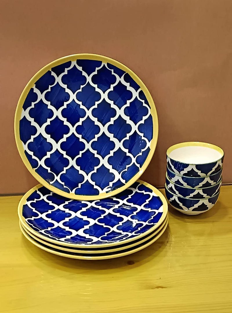 VolCraft Ceramic Dinner Set Dinner Plates with Katoris with Blue Umrao Pattern (8 Pieces, 4 Bowl & 4 Plates, Dishwasher & Microwave Safe) -Dinner Sets Ceramic Bowls Set Dinnerware Sets - Image 5