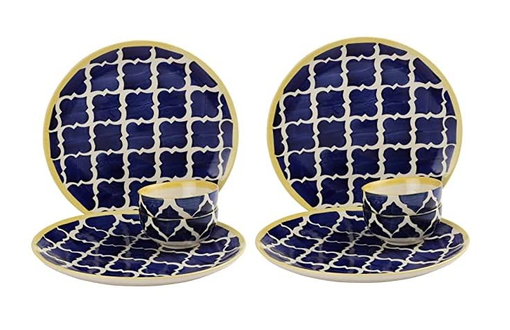 VolCraft Ceramic Dinner Set Dinner Plates with Katoris with Blue Umrao Pattern (8 Pieces, 4 Bowl & 4 Plates, Dishwasher & Microwave Safe) -Dinner Sets Ceramic Bowls Set Dinnerware Sets - Image 1