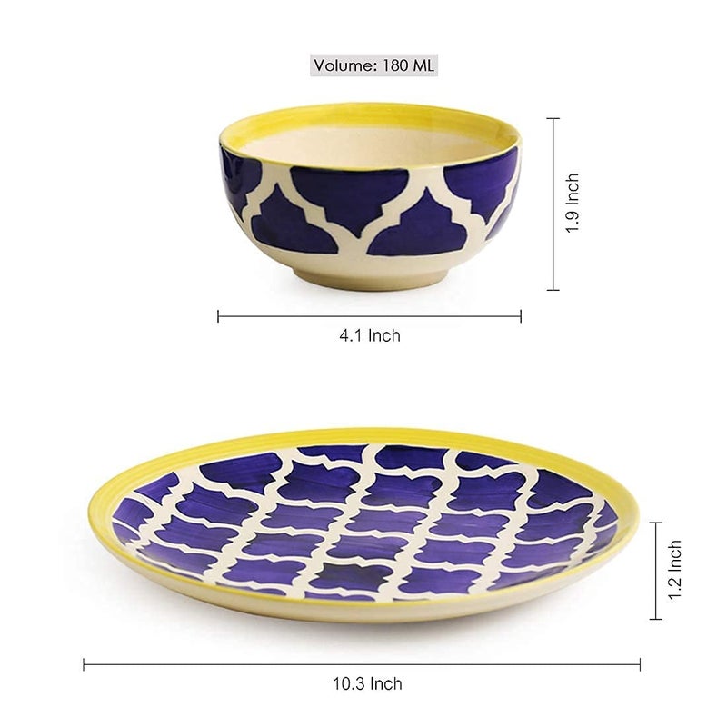 VolCraft Ceramic Dinner Set Dinner Plates with Katoris with Blue Umrao Pattern (8 Pieces, 4 Bowl & 4 Plates, Dishwasher & Microwave Safe) -Dinner Sets Ceramic Bowls Set Dinnerware Sets - Image 2