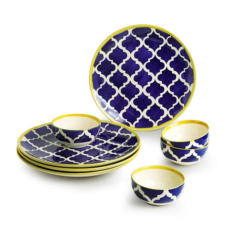 VolCraft Ceramic Dinner Set Dinner Plates with Katoris with Blue Umrao Pattern (8 Pieces, 4 Bowl & 4 Plates, Dishwasher & Microwave Safe) -Dinner Sets Ceramic Bowls Set Dinnerware Sets - Image 3