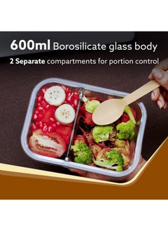 AGARO AGARO Compartment Lunch Box/Container 600Ml, Office Tiffin Box for Men & Women, Borosilicate Glass Body, Microwave Oven Safe, Leak Proof Locking Lid, Airtight Tiffin for Office, Transparent  - Image 2