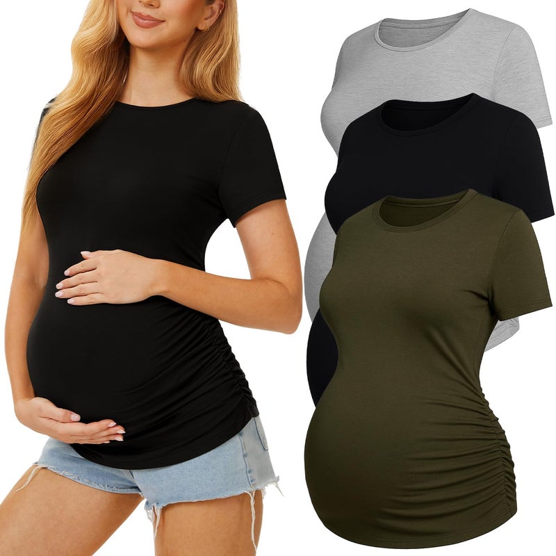 MIRAZEN 3 Pack Womens Maternity Shirts - Crew Neck Maternity Top Short Sleeve Pregnancy Tee Shirts, Black/Light Grey/Army Green, Small - Image 1