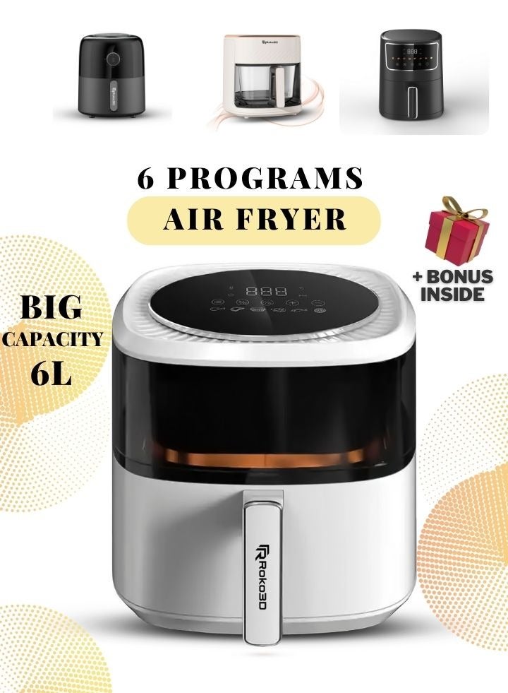 Air Fryer ROKO 3D, 6 Cooking Programs with 6L Capacity | LED Control Panel, Timer & Temperature Settings, Dishwasher Safe, Nonstick Basket, Easy to Clean, Bonus Recipe Book Included, Luxury Design Black and White