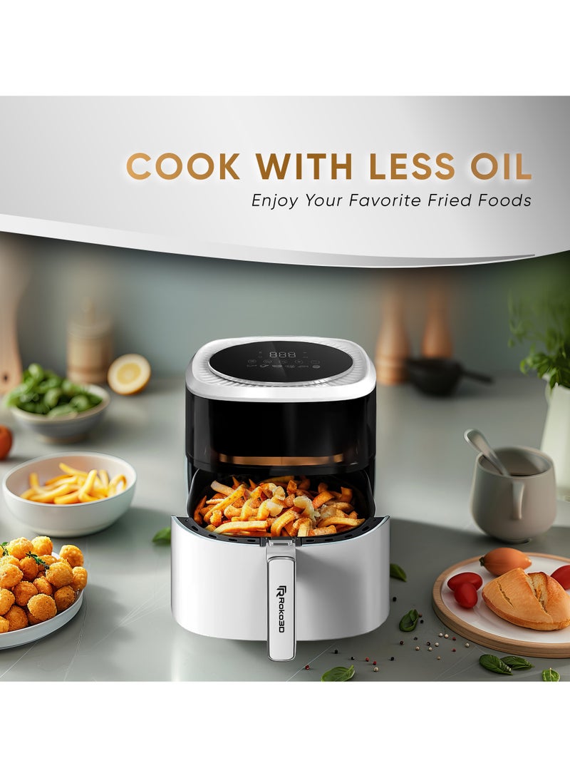 Air Fryer ROKO 3D, 6 Cooking Programs with 6L Capacity | LED Control Panel, Timer & Temperature Settings, Dishwasher Safe, Nonstick Basket, Easy to Clean, Bonus Recipe Book Included, Luxury Design Black and White
