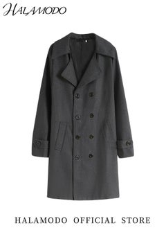 HALAMODO Men's Trench Coat Wool Blend Pea Coat Notched Collar Double Breasted Overcoat with Pockets Warm Winter Long Steampunk Coat  - Image 5