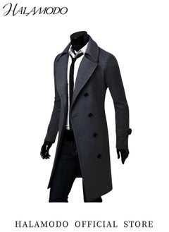 HALAMODO Men's Trench Coat Wool Blend Pea Coat Notched Collar Double Breasted Overcoat with Pockets Warm Winter Long Steampunk Coat  - Image 3