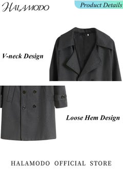 HALAMODO Men's Trench Coat Wool Blend Pea Coat Notched Collar Double Breasted Overcoat with Pockets Warm Winter Long Steampunk Coat  - Image 2