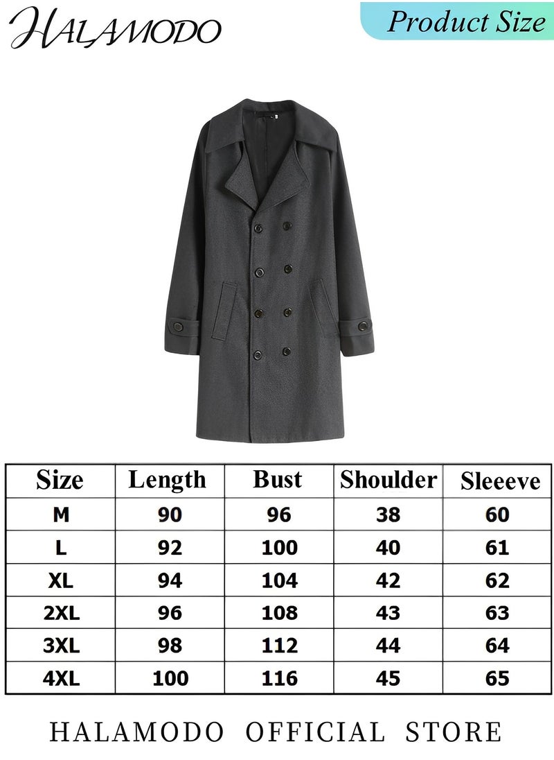 Men's Trench Coat Wool Blend Pea Coat Notched Collar Double Breasted Overcoat with Pockets Warm Winter Long Steampunk Coat