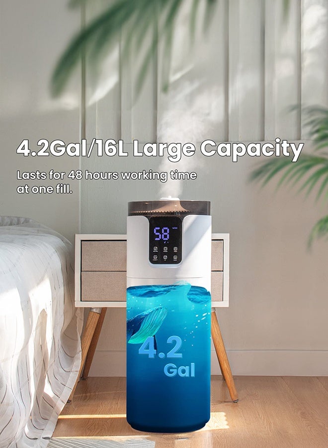 XiuWoo Silent Humidifier large room 16L - Whole house Humidifier for Big Room. Ultrasonic Cool Mist Humidifiers for Bedroom with Extension Tube & Aroma Box & Night light, Remote & Touch Control, Timer, White - Image 2