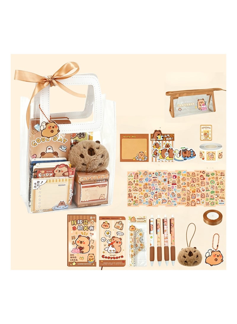 127PCS Capybara Stationery Set for Girls, Kawaii School Supplies Gift Set with Clear Handbag, Pencil Case, Notebook, Pens, Stickers, Sticky Notes, Ruler Set & Keychains, Birthday Gift for Kids - Image 1