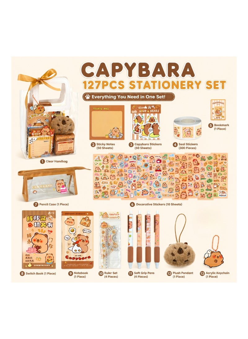 127PCS Capybara Stationery Set for Girls, Kawaii School Supplies Gift Set with Clear Handbag, Pencil Case, Notebook, Pens, Stickers, Sticky Notes, Ruler Set & Keychains, Birthday Gift for Kids - Image 2